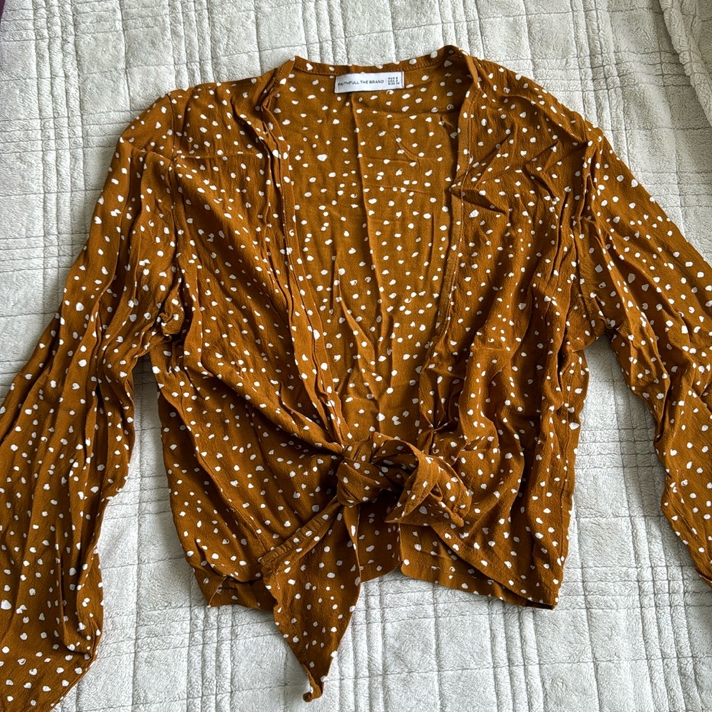 Flowy front tie polka dot long sleeve top